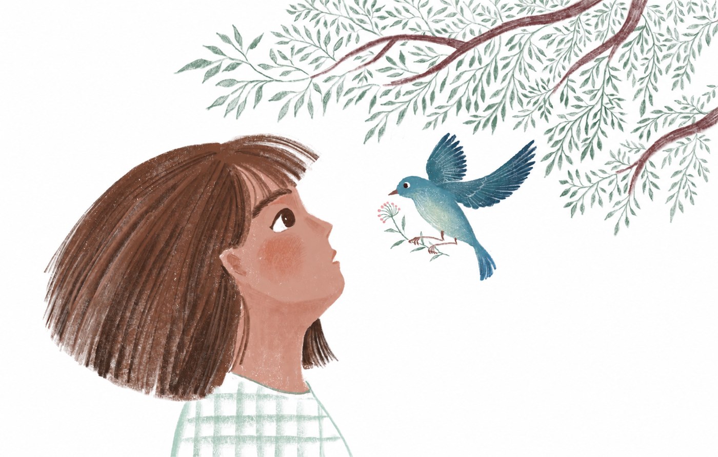 A girl greeting a blue bird beneath leafy branches — illustration by Evie O.Z.